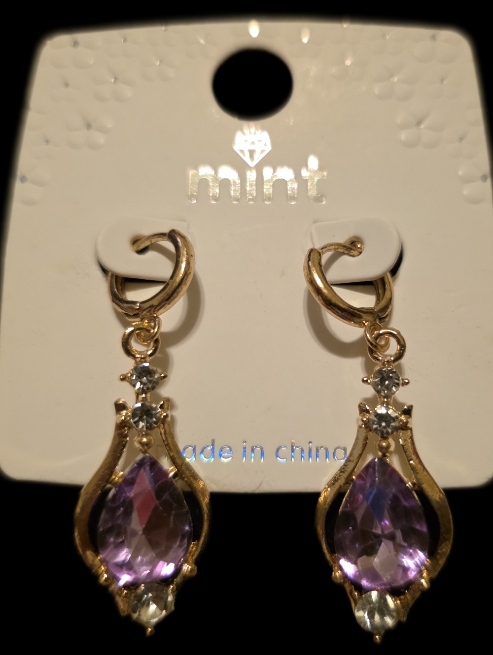 Gold-Tone Earrings with Purple Drop Crystals